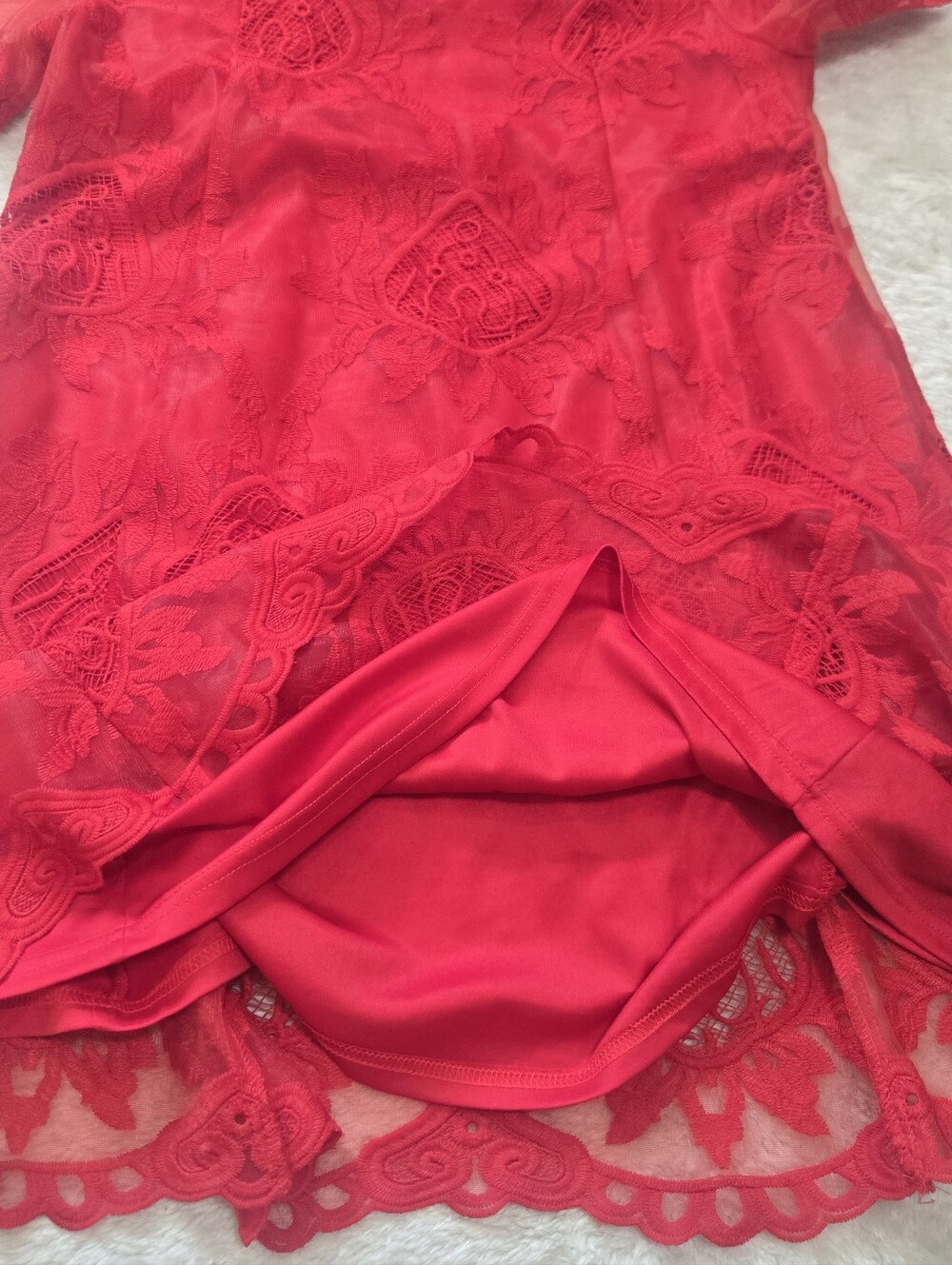 UMGEE Red Lace Short Sleeve Scalloped Hem Boho Babydoll Shift Mini-Dress, M - Picture 6 of 7